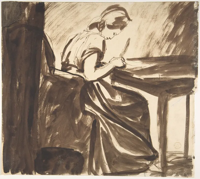 Lady Seated at a Table (recto); Dancing Figures (verso) Wall Art by George Romney - High-Resolution Digital Print