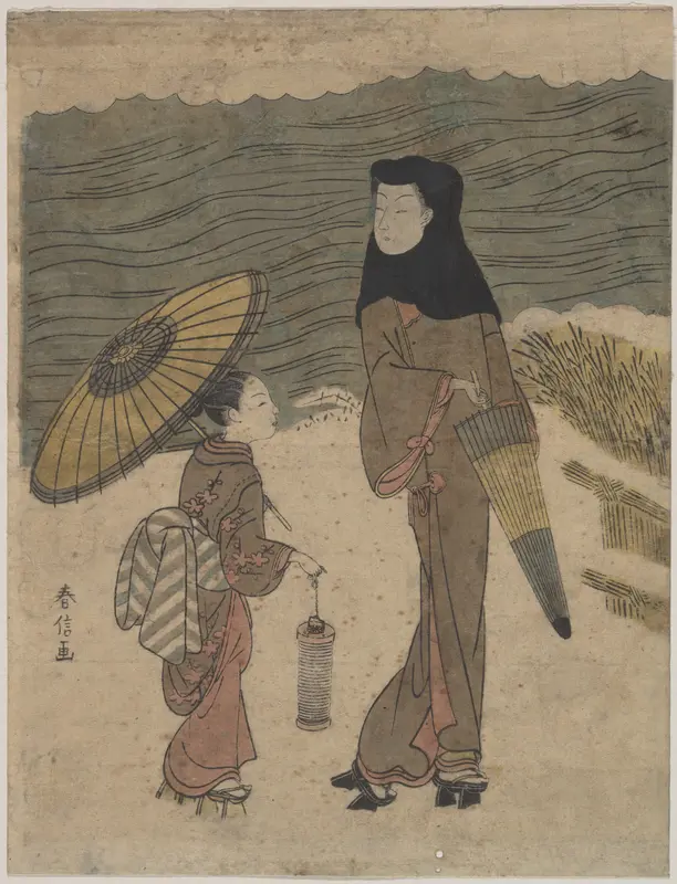 Lady with Black Hood and Umbrella Out Walking with Young Attendant