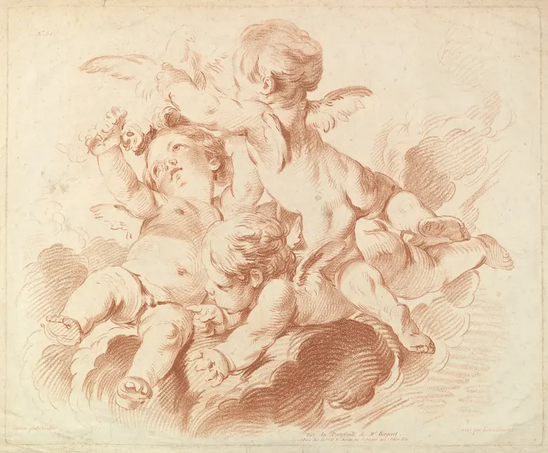 L'Air (The Air): A Group of Three Putti on Clouds Wall Art by Louis Marin Bonnet - High-Resolution Digital Print