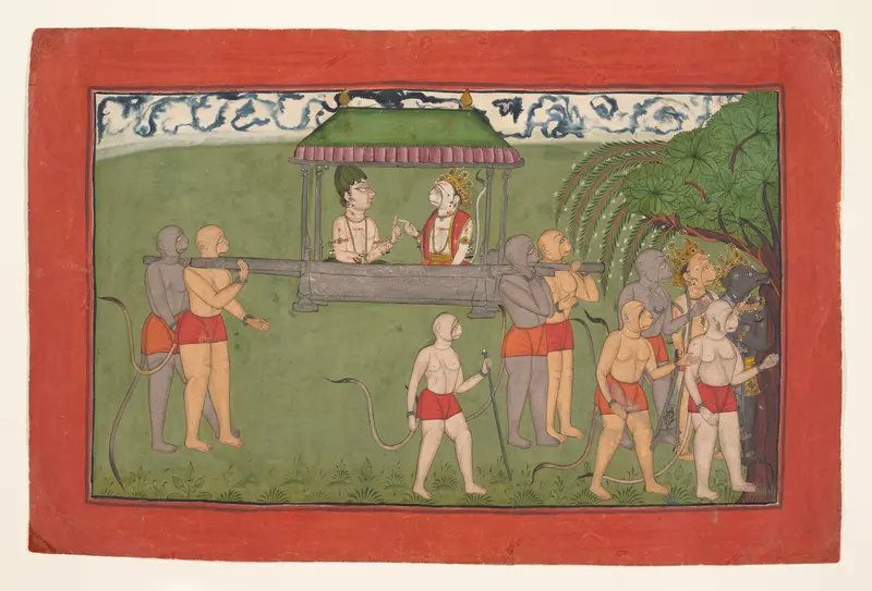 Lakshmana and Sugriva Being Carried by Palanquin to Receive Rama's Blessings: Folio from the dispersed “Mankot" Ramayana series Wall Art by Unknown - High-Resolution Digital Print