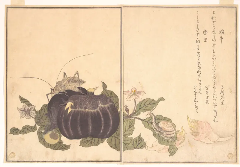 Land Snail (Katatsumuri); Giant Katydid (Kutsuwamushi), from the Picture Book of Crawling Creatures (Ehon mushi erami)