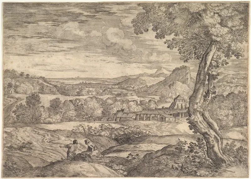 Landscape with a brick factory in the middle ground, a standing man in the foreground points to the left as he faces a man lying on a rock Wall Art by Giovanni Francesco Grimaldi - High-Resolution Digital Print