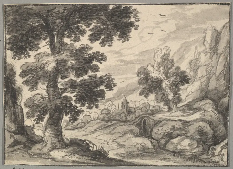 Landscape with a Bridge and a Village Church Wall Art by Anonymous, Flemish, 17th century - High-Resolution Digital Print