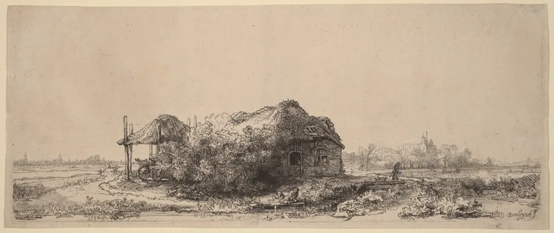Landscape with a Cottage and Hay Barn: Oblong Wall Art by Rembrandt van Rijn - High-Resolution Digital Print