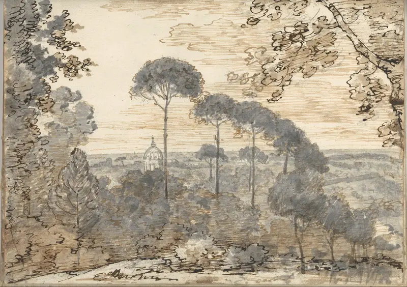 Landscape with a domed church, near Rome (Smaller Italian sketchbook, leaf 38 recto) Wall Art by Joseph Wright (Wright of Derby) - High-Resolution Digital Print