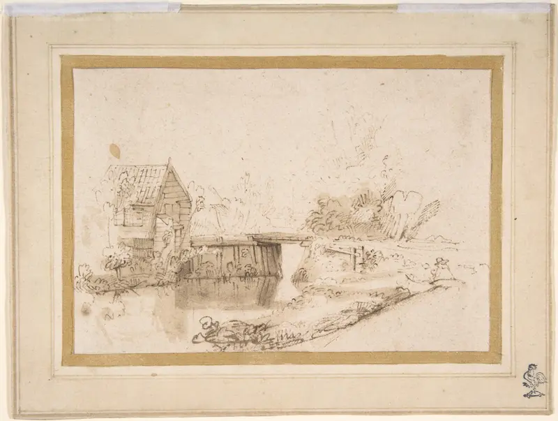 Landscape with a Draughtsman Seated by a River, a Bridge and a Cottage Behind Wall Art by Nicolaes Maes - High-Resolution Digital Print