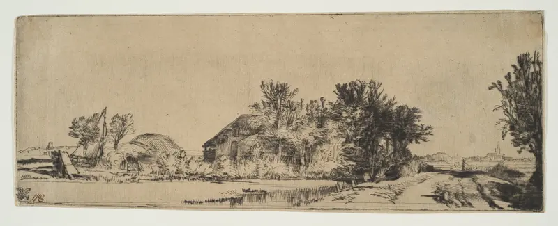 Landscape with a Farmhouse Along a Road Beside a Canal Wall Art by Rembrandt (Rembrandt van Rijn) - High-Resolution Digital Print