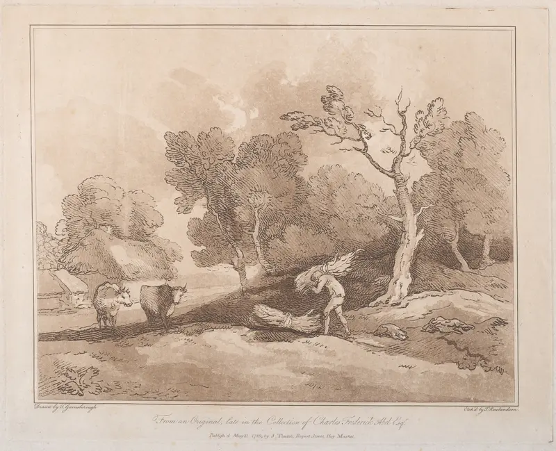 Landscape with a Figure Carrying a Bundle of Branches, a Copice Behind, Two Cows in a Field at Left Wall Art by Thomas Rowlandson - High-Resolution Digital Print
