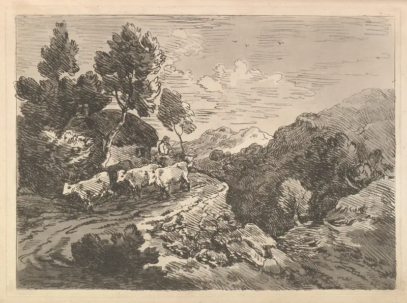 Landscape with a Figure Herding Cattle Along a Road Beside a Cottage, a Hillside at Left, a Forest in the Valley Below at Right Wall Art by Thomas Rowlandson - High-Resolution Digital Print