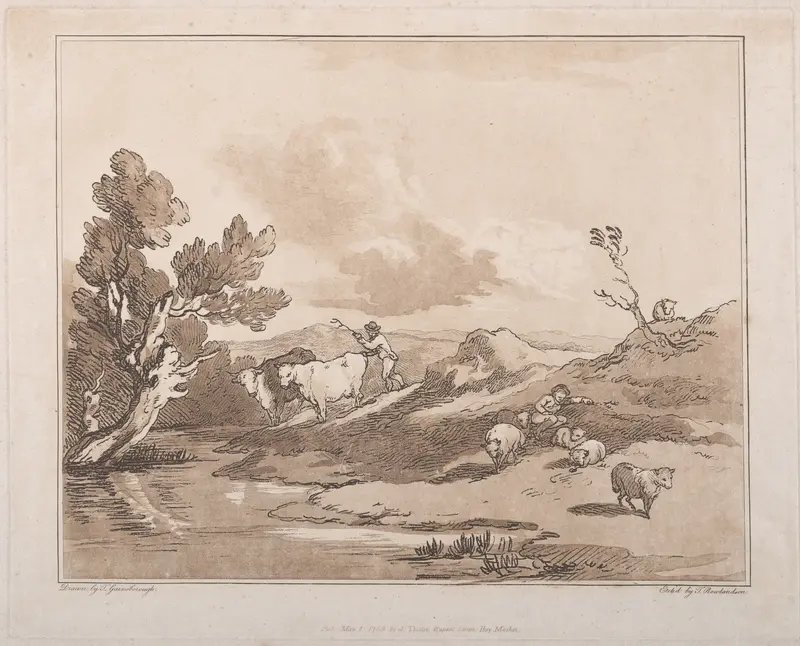 Landscape with a Figure Herding Cattle, and a Shepherd Resting Wall Art by Thomas Rowlandson - High-Resolution Digital Print
