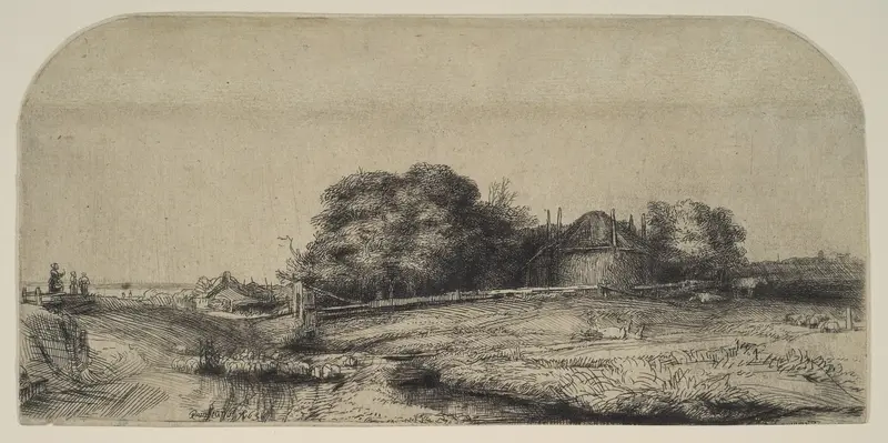 Landscape with a Haybarn and a Flock of Sheep Wall Art by Rembrandt (Rembrandt van Rijn) - High-Resolution Digital Print