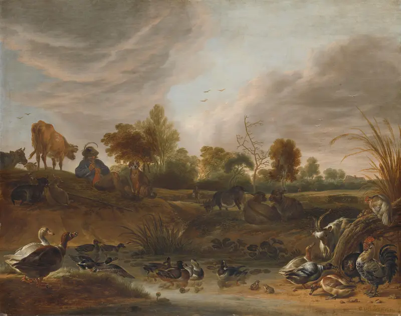 Landscape with a Herdsman, Cattle and Poultry Wall Art by Cornelis Saftleven - High-Resolution Digital Print