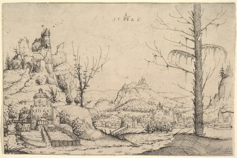 Landscape with a High Rock and a Castle at Left Wall Art by Augustin Hirschvogel - High-Resolution Digital Print