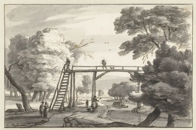 Landscape with a High Wooden Footbridge over a Canal Wall Art by Roelant Roghman - High-Resolution Digital Print