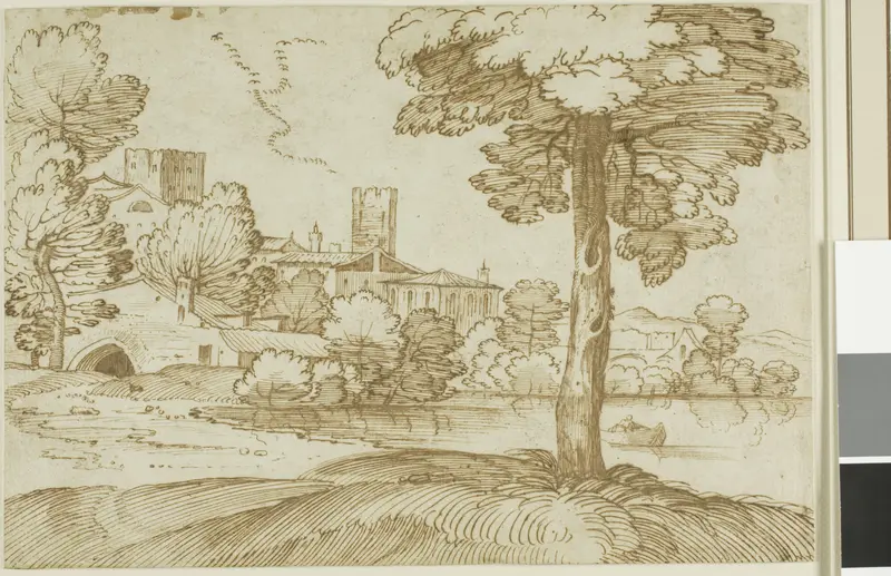 Landscape with a Large Tree on the Right and a Distant View of a Town on the Left Wall Art by Giovanni Francesco Grimaldi - High-Resolution Digital Print