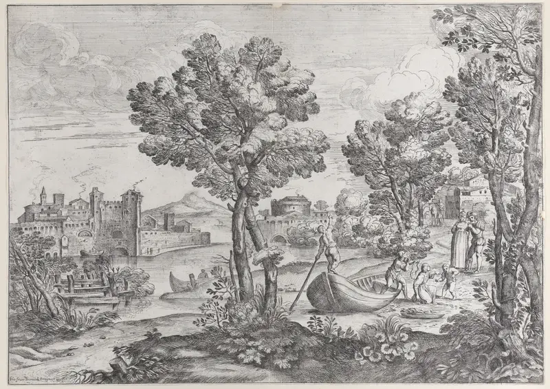 Landscape with a man holding a snake to a terrified child, watched by a fashionably dressed couple on the riverbank at right Wall Art by Giovanni Francesco Grimaldi - High-Resolution Digital Print
