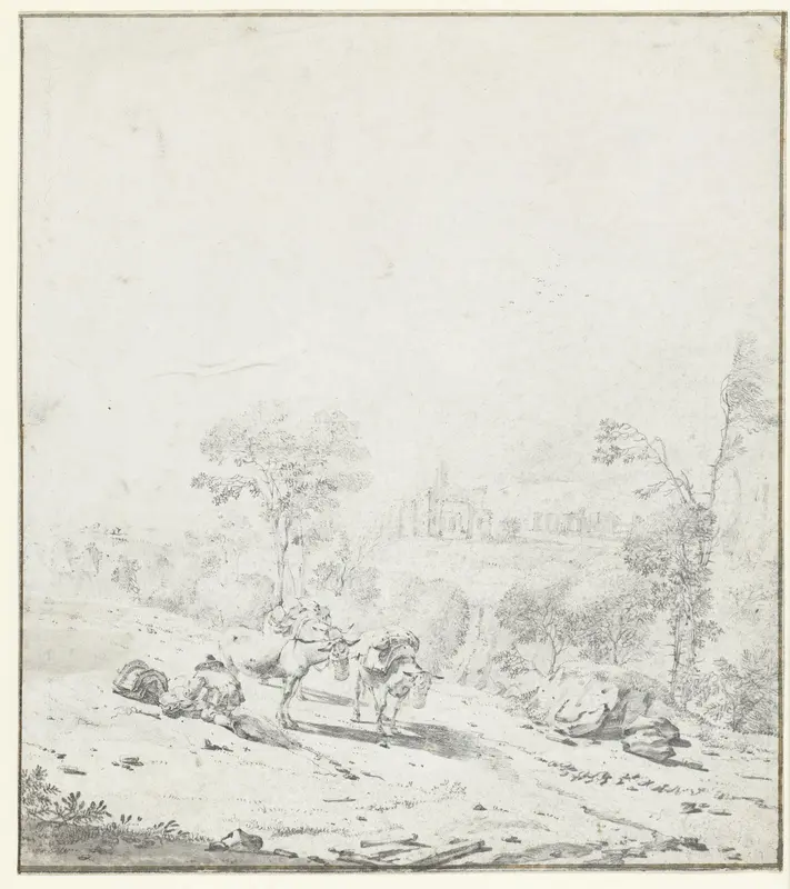 Landscape with a Resting Traveller and Mules Wall Art by Karel du Jardin - High-Resolution Digital Print
