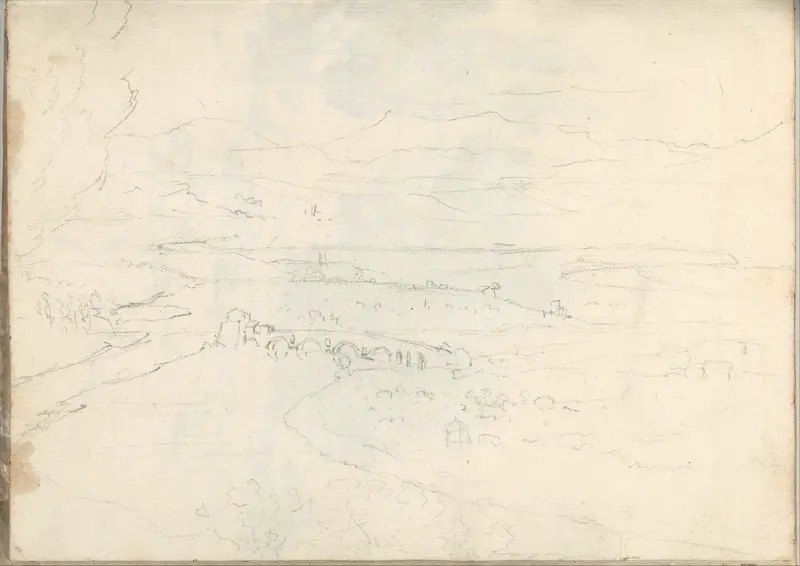 Landscape with a river, arched bridge and distant mountains, near Rome (Smaller Italian Sketchbook, leaf 39 recto) Wall Art by Joseph Wright (Wright of Derby) - High-Resolution Digital Print