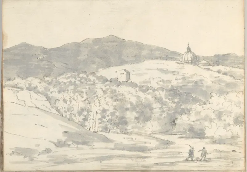 Landscape with a towered building and domed church, near Rome (Smaller Italian sketchbook, leaf 32 recto) Wall Art by Joseph Wright (Wright of Derby) - High-Resolution Digital Print
