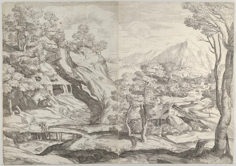 Landscape with a town in the background at the right, a winding road in the foreground Wall Art by Anonymous, Italian, 16th century - High-Resolution Digital Print