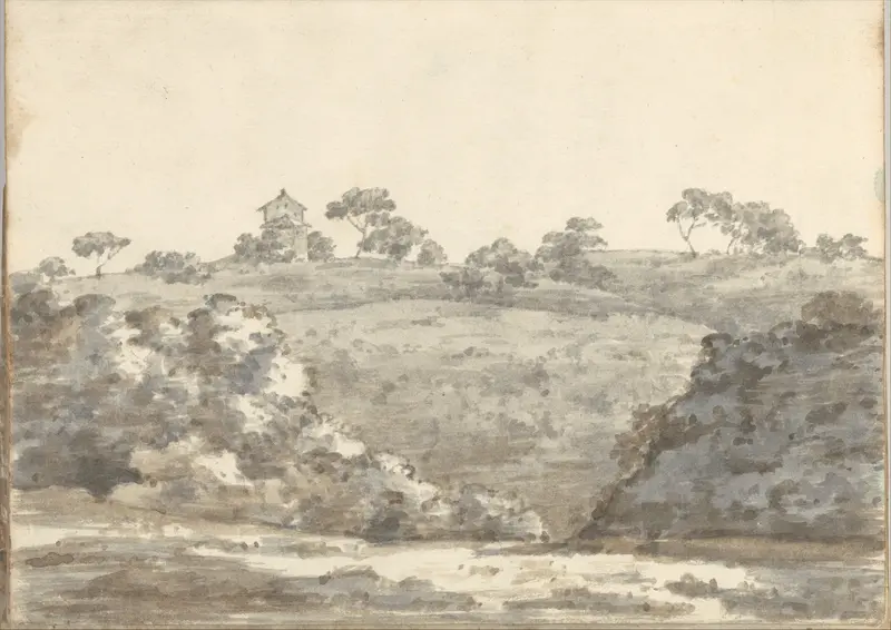 Landscape with a two-story building on a hill (Smaller Italian sketchbook, leaf 29 recto) Wall Art by Joseph Wright (Wright of Derby) - High-Resolution Digital Print