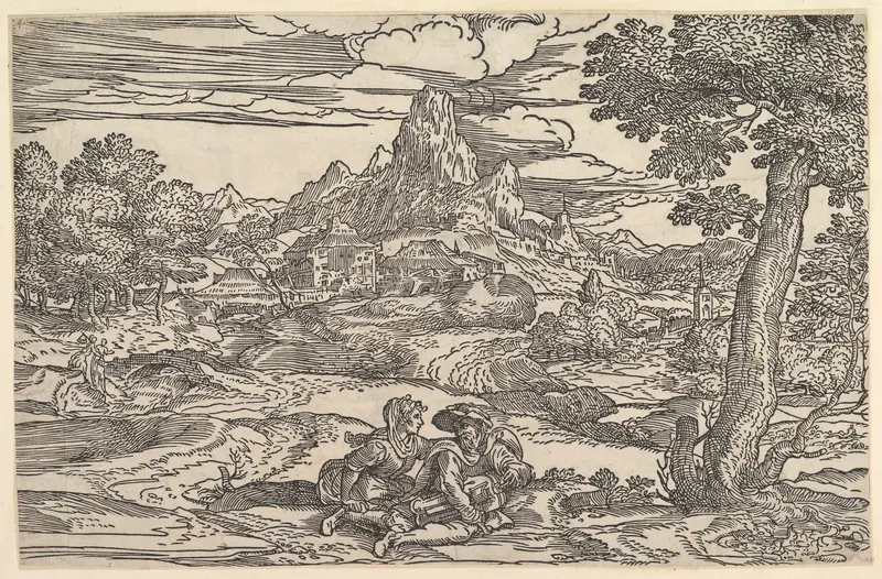 Landscape with a woman seated next to a man playing a hurdy-gurdy Wall Art by Domenico Campagnola - High-Resolution Digital Print