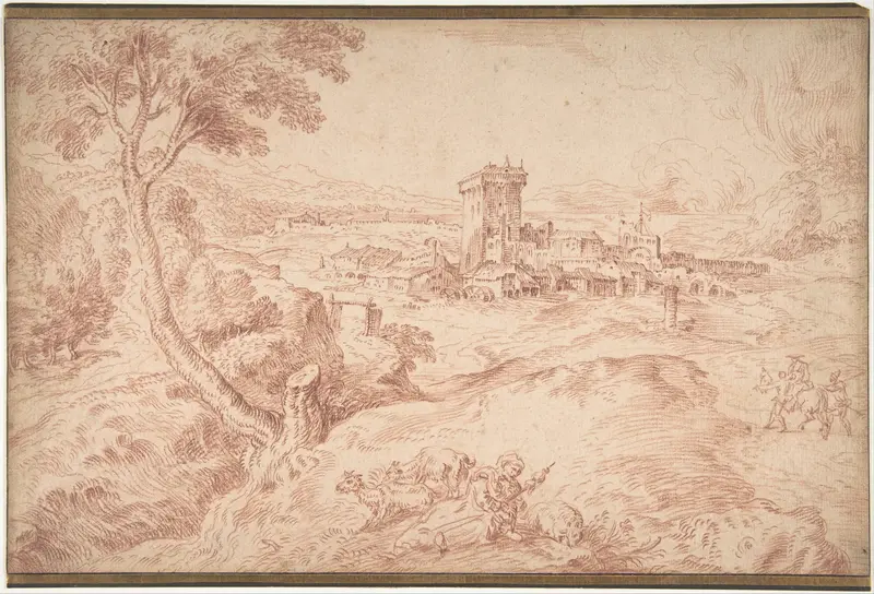 Landscape with an Old Woman Holding a Spindle, after Domenico Campagnola Wall Art by Antoine Watteau - High-Resolution Digital Print