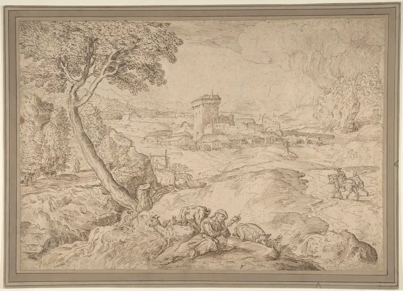 Landscape with an Old Woman Holding a Spindle Wall Art by Domenico Campagnola - High-Resolution Digital Print