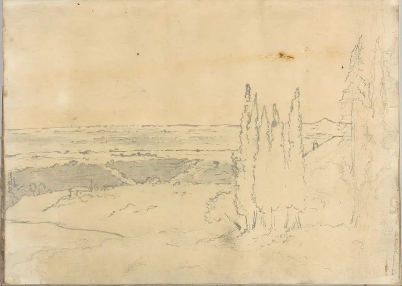 Landscape with cedars and buildings, at Rome (Smaller Italian sketchbook, leaf 24 recto) Wall Art by Joseph Wright (Wright of Derby) - High-Resolution Digital Print