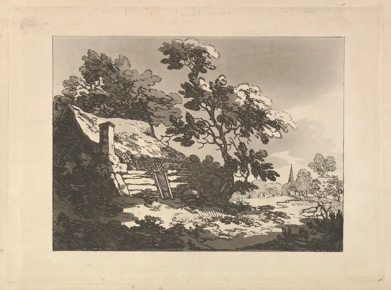 Landscape with Cottage Among Trees at Left, and a Distant Church Spire at Right Wall Art by Thomas Rowlandson - High-Resolution Digital Print