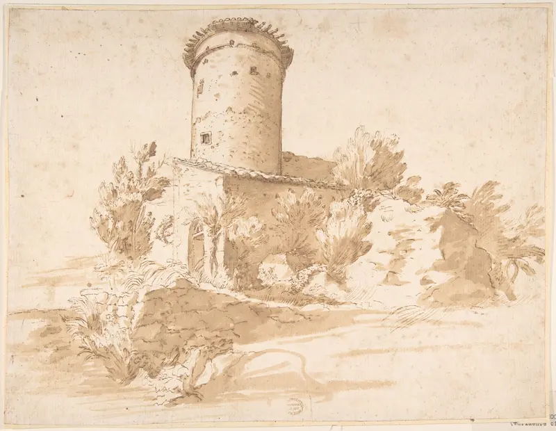 Landscape with Cylindrical Tower Wall Art by Anonymous, Italian, Roman-Bolognese, 17th century - High-Resolution Digital Print