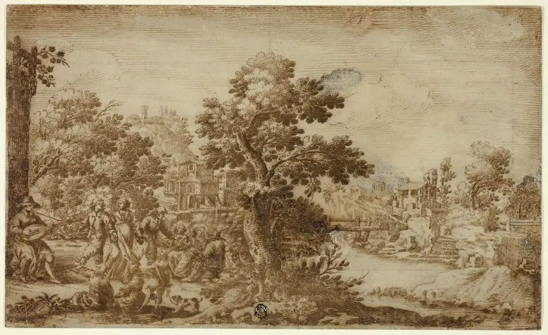Landscape with Dancers and Musicians Wall Art by Ercole Bazzicaluva - High-Resolution Digital Print