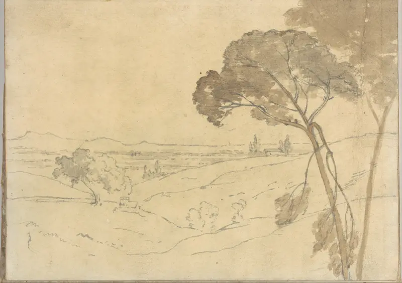 Landscape with distant buildings, near Rome (Smaller Italian sketchbook, leaf 27 recto) Wall Art by Joseph Wright (Wright of Derby) - High-Resolution Digital Print