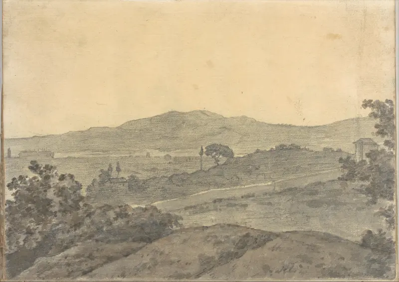 Landscape with distant buildings, near Rome (Smaller Italian sketchbook, leaf 28 recto) Wall Art by Joseph Wright (Wright of Derby) - High-Resolution Digital Print