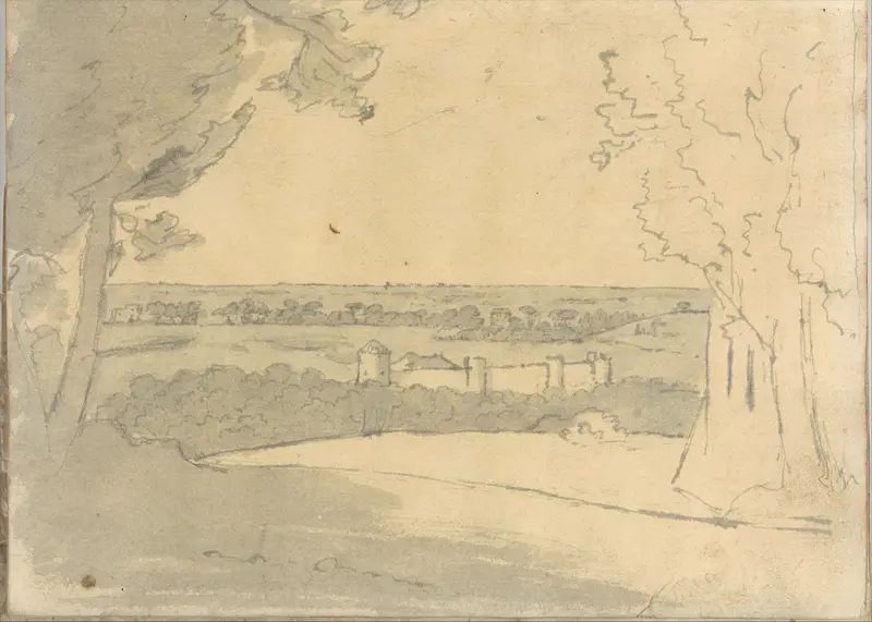 Landscape with distant buildings (Smaller Italian sketchbook, leaf 23 recto) Wall Art by Joseph Wright (Wright of Derby) - High-Resolution Digital Print