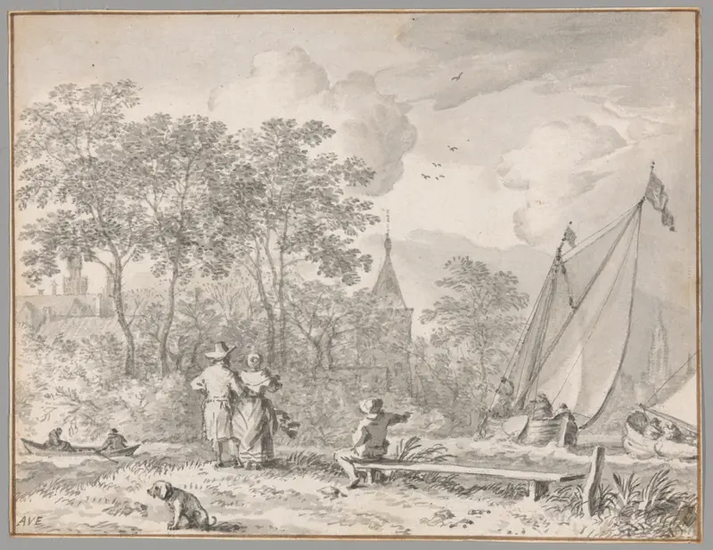 Landscape with Elegant Figures by a River, with Boats to the Right and a Town Behind Trees Beyond Wall Art by Allaert van Everdingen - High-Resolution Digital Print