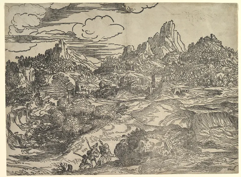 Landscape with family walking together in the foreground, at left two figures with herd of goats and sheep; a mill (?) and other buildings in the background Wall Art by Domenico Campagnola - High-Resolution Digital Print