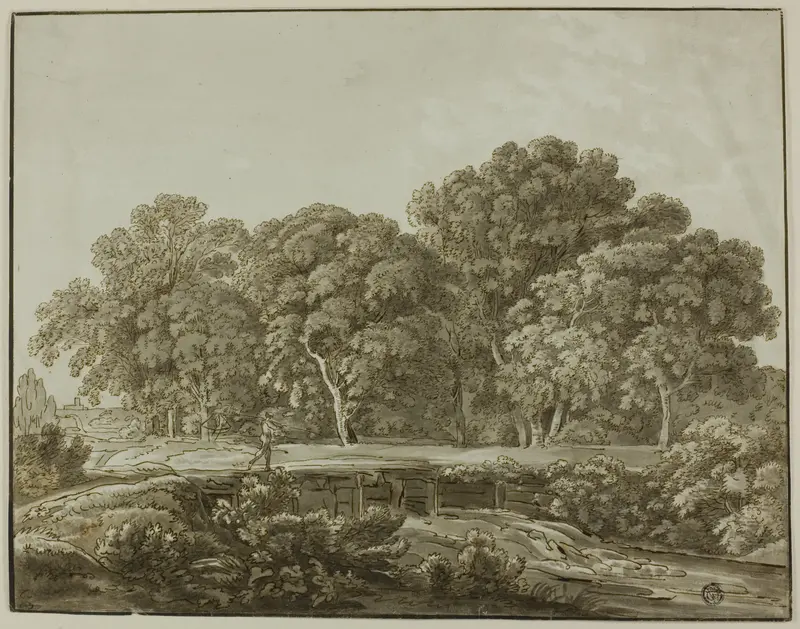 Landscape with Figure Crossing Bridge over Stream Wall Art by Thomas Sandby - High-Resolution Digital Print
