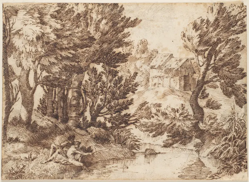 Landscape with Figure Reclining and Figure Fishing Wall Art by Anonymous, Italian, Roman-Bolognese, 17th century - High-Resolution Digital Print