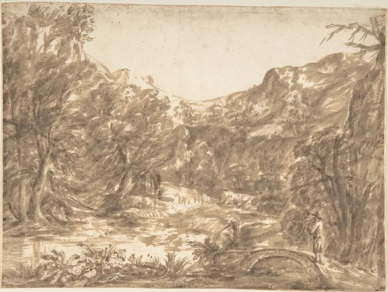 Landscape with Figure Standing on a Bridge Wall Art by Anonymous, Italian, Roman-Bolognese, 17th century - High-Resolution Digital Print