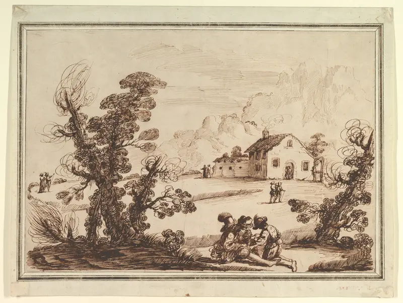Landscape with Figures and a Farm House Wall Art by Guercino (Giovanni Francesco Barbieri) - High-Resolution Digital Print