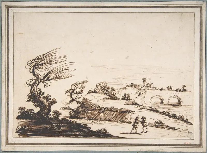 Landscape with Figures and a Two-Arched Bridge Wall Art by Guercino (Giovanni Francesco Barbieri) - High-Resolution Digital Print