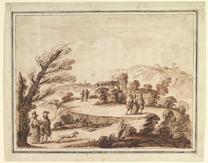 Landscape with Figures and Fortifications Wall Art by Guercino (Giovanni Francesco Barbieri) - High-Resolution Digital Print