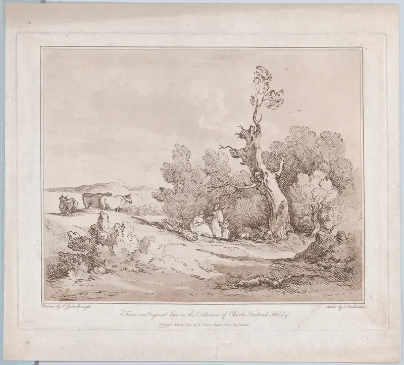 Landscape with Figures Collecting Wood Beneath Gnarled Trees, or, Cattle, River side Wall Art by Thomas Rowlandson - High-Resolution Digital Print