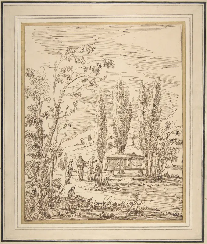 Landscape with Figures near a Tomb Wall Art by Gian Antonio Burrini - High-Resolution Digital Print