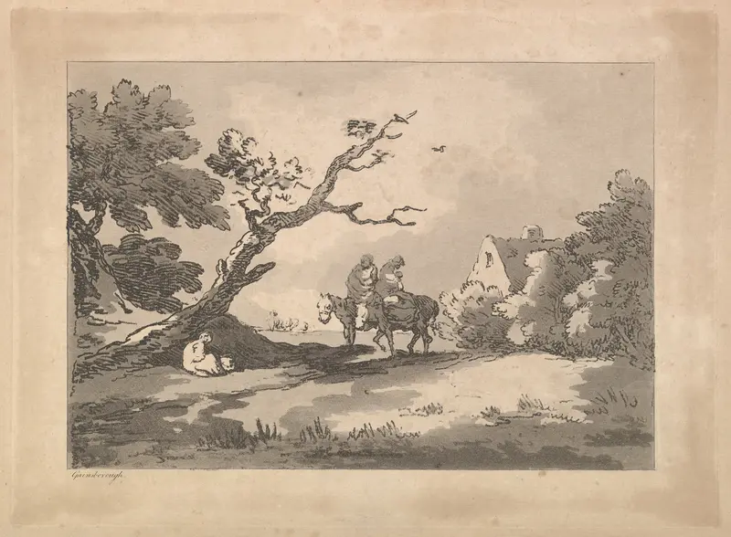 Landscape with Figures on Horseback, Another Resting Under a Gnarled Tree, and a Cottage at Right Nestled in Trees Wall Art by Thomas Rowlandson - High-Resolution Digital Print