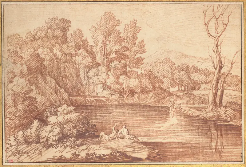 Landscape with Figures on the Bank of a River Wall Art by Gaspard Dughet - High-Resolution Digital Print