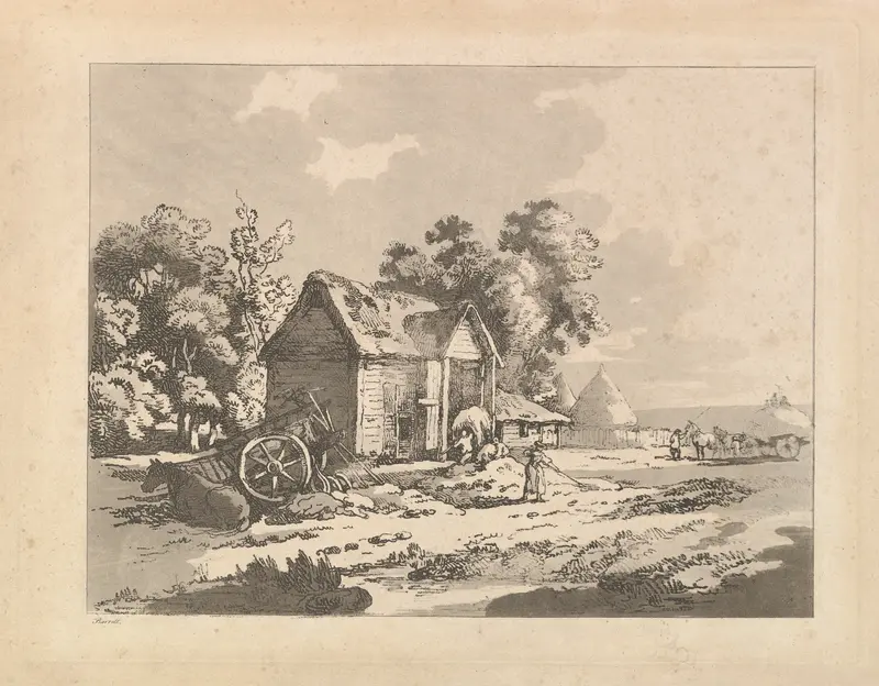 Landscape with Figures Storing Hay in a Barn, a Cart and Horse Lying Down at Left Wall Art by Thomas Rowlandson - High-Resolution Digital Print