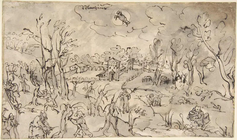 Landscape with Figures Trimming Trees, an Allegory of the Month of March; Verso: Mountainous Landscape with Two Men Crossing a Bridge Wall Art by Anonymous - High-Resolution Digital Print