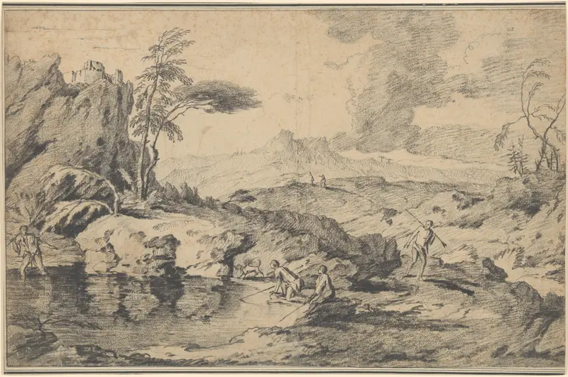 Landscape with Fishermen Wall Art by Gaspard Dughet - High-Resolution Digital Print